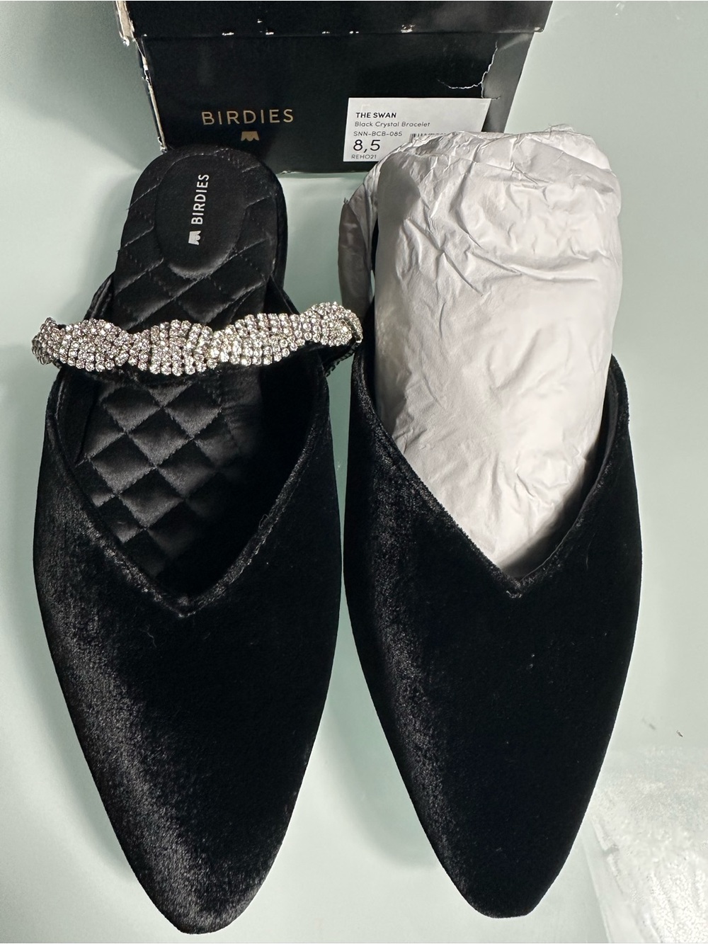 Birdies The Swan Black Velvet Crystal Bracelet Mule Flats Size 8.5 New In Box